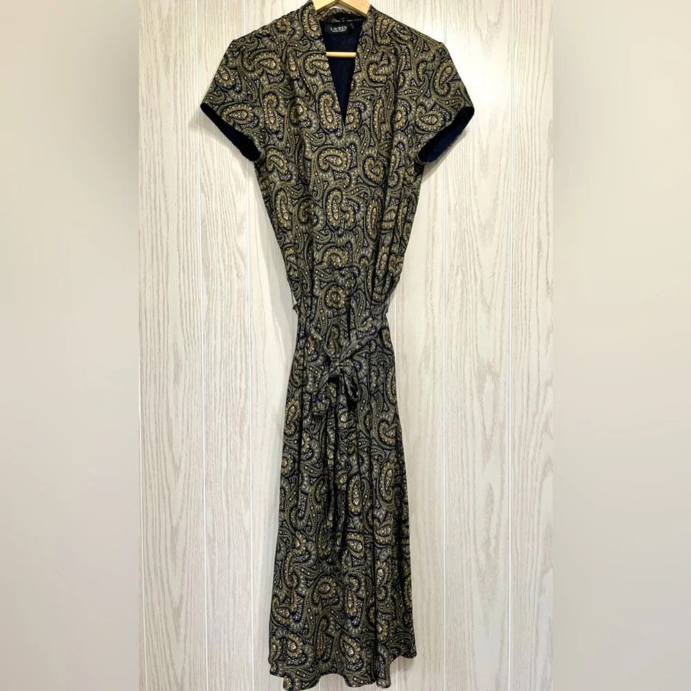 Lauren RALPH LAUREN Womens 14 NAVY Gold Paisley DRESS